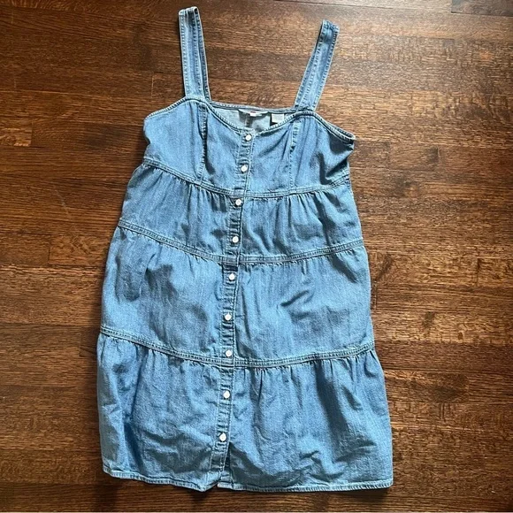 Levi’s Denim Mini Dress Size Large Button Front Tiered Sleeveless Blue - Picture 4 of 13